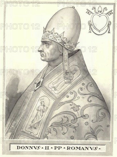 Pope Donus II is an apocryphal pope who supposedly briefly held office sometime in the 970s between Benedict VI and Benedict VII, historical, authentic, digitally restored reproduction of a 19th-century original, record date not stated