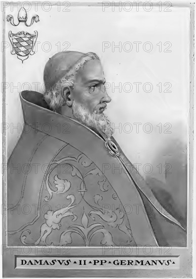 Damasus II, previously Poppo of Brixen (probably born in Pildenau near Ering, Lower Bavaria, died 9 August 1048 in Palestrina), was pope from 17 July to 9 August 1048. He is considered a German pope due to his origins and his proximity to the Salian emperor, Historical, authentic, digitally restored reproduction from a 19th century original, Record date not stated