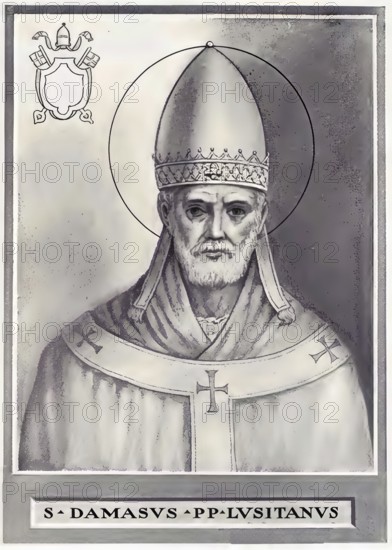 Damasus I (also Damasius I, the Diamond, born around 305 probably in Lusitania, died 11 December 384 in Rome) was bishop of Rome (pope) from 1 October 366 to 11 December 384. He was elected pope as deacon of the Roman bishop Liberius and was venerated as a saint after his death, Historical, authentic, digitally restored reproduction from a 19th century original, Record date not stated
