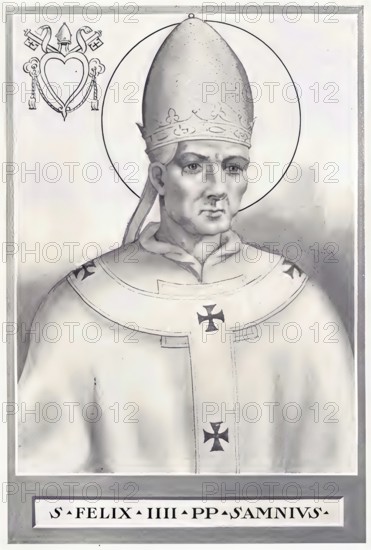 Felix III was bishop of Rome from 526 until his death. In the former dominant census, which recognizes his predecessor Felix II, who reigned in the 4th century, as the legitimate pope, he appears as Felix IV. Sometimes he is therefore referred to as Felix III or Felix IV. Historical, authentic, digitally restored reproduction from a 19th-century original, record date not stated