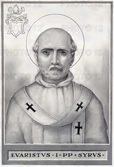 Evaristus (born in the 1st century, died probably 105-107 in Rome) was a leading figure in the Christian community of Rome at the turn of the 2nd century AD and is traditionally counted as the fifth bishop of Rome, who held office from around 98-105. In the Catalogus Liberianus, a list of popes from late antiquity, he is called Aristus, Historical, authentic, digitally restored reproduction from a 19th century original, Record date not stated