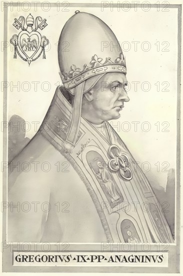 Gregory IX, originally Ugolino dei Conti di Segni (Hugo, from the House of the Counts of Segni) (born around 1167 in Anagni, died 22 August 1241 in Rome), was Pope of the Catholic Church from 19 March 1227 until his death, Historical, authentic, digitally restored reproduction from a 19th century original, Record date not stated