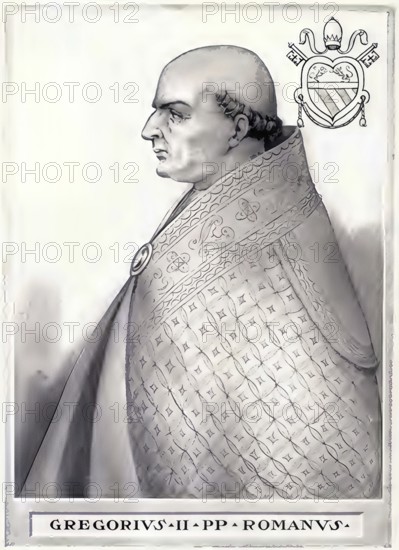 Gregory II (669 - 731) was pope from 715 to 731. He was the son of Marcellus, his mother's name was Honesta. He completed a career in ecclesiastical administration and became papal librarian under Pope Sergius I. He became Pope on 19 May 715, Historical, authentic, digitally restored reproduction from a 19th century original, Record date not stated