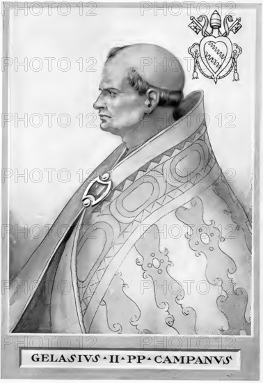 Gelasius II (born between 1060 and September 1064 in Gaeta, died 29 January 1119 in Cluny) was pope from 1118 until his death. His original name is given in Italian as Giovanni da Gaeta, in German as Johannes von Gaeta, Historical, authentic, digitally restored reproduction from a 19th century original, Record date not stated