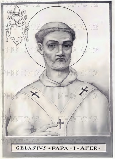 Gelasius I (d. 21 November 496?) was bishop of Rome from 1 March 492 until his death and thus Roman pope. In 494 he was the first pope to formulate the doctrine of the two powers, Historical, authentic, digitally restored reproduction from a 19th century original, Record date not stated