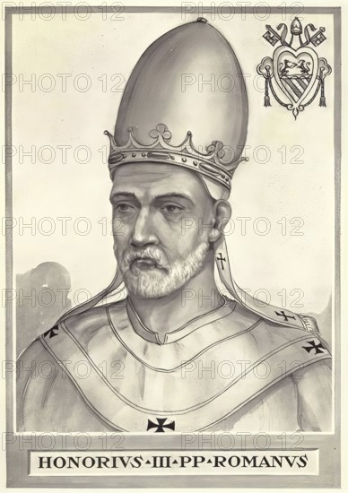 Honorius III, originally Cencio Savelli (born around 1148 in Rome, died 18 March 1227 in Rome), was pope from 1216 to 1227, Historical, authentic, digitally restored reproduction from a 19th century original, Record date not stated