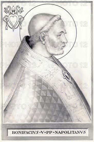 Boniface V (born in Naples, died 25 October 625) was pope from 23 December 619 until his death, Historical, authentic, digitally restored reproduction from a 19th century original, Record date not stated