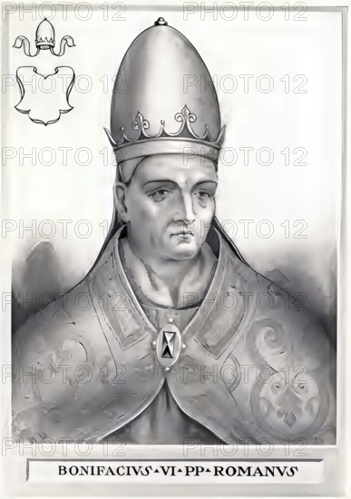 Boniface VI was informally appointed pope by the opponents of his predecessor Formosus in April 896. He had lost the office of presbyter earlier due to an immoral lifestyle. However, his pontificate did not last long, he died just 15 days after taking office, historical, authentic, digitally restored reproduction from a 19th-century model, record date not stated