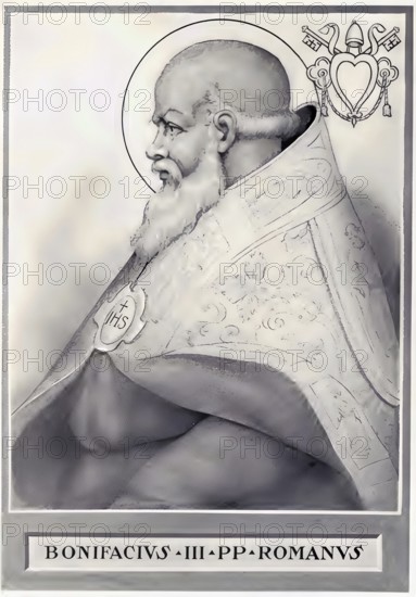 Boniface III (born in Rome, died 12 November 607) was pope from 19 February 607 until his death, Historical, authentic, digitally restored reproduction from a 19th century original, Record date not stated