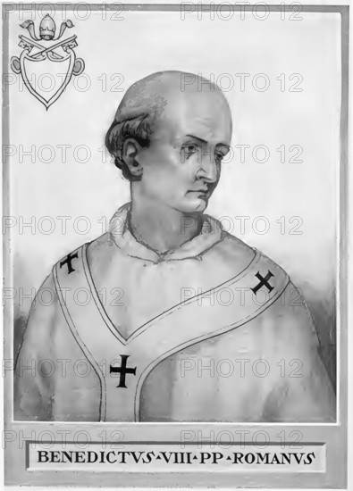 Benedict VIII (in front of his election as pope Theophylact II of Tusculum, born around 980 in Rome or Tusculum, (1) died 9 April 1024 in Rome) was pope from 20 or 21 May 1012 until his death, Historical, authentic, digitally restored reproduction from a 19th century original, Record date not stated