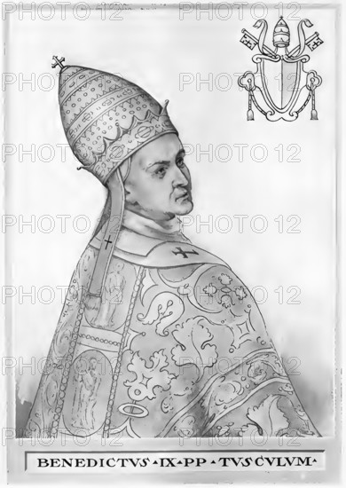 Benedict IX was pope three times in a period from 1032 to 1048, making him the only pope to have held office more than once, historical, authentic, digitally restored reproduction of a model from the 19th century, record date not stated