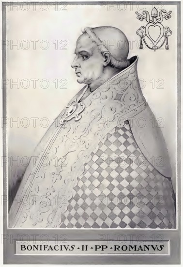 Boniface II (born in Rome, died 17 October 532) was pope from 22 September 530 until his death, Historical, authentic, digitally restored reproduction from a 19th century original, Record date not stated