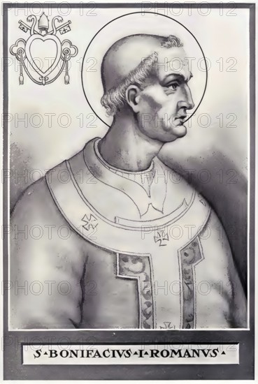 Boniface I was Pope in Rome from December 28, 418 to September 4, 422, historical, authentic, digitally restored reproduction from a model from the 19th century, record date not stated