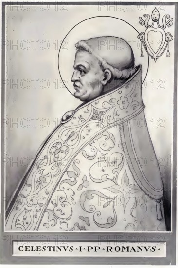 Coelestine I (Latin: the Celestial, born in front of 10 September 422, died 27 July 432) was Pope and Bishop of Rome from 10 September 422 to 27 July 432. He is one of the saints and promoted the church doctrine of Mary as the Mother of God, Historical, authentic, digitally restored reproduction from a 19th century original, Record date not stated