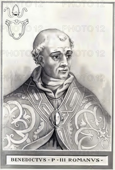 Benedict III (died 17 April 858 in Rome) was pope from 855 to 858, Historical, authentic, digitally restored reproduction from a 19th century original, Record date not stated