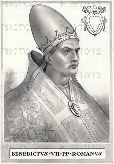 Benedict VII (born in Rome, died 10 July 983 (1) in Rome) was pope from 974 to 983, the son of Deodat, grandson of Alberich II of Spoleto and nephew of John XII. He became the fourth pope from the family of the Counts of Tusculum, Historical, authentic, digitally restored reproduction from a 19th century original, Record date not stated