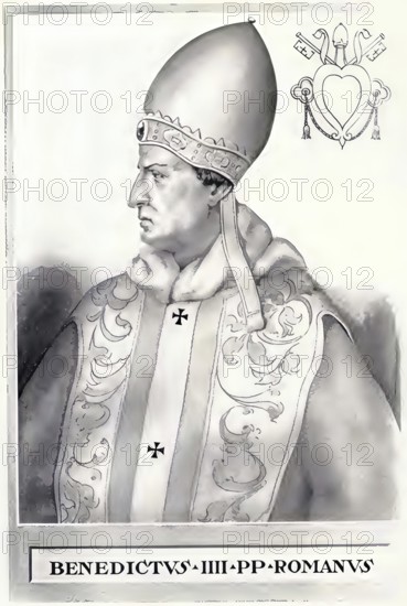 Benedict IV was Pope from 900 to 903. He sided with Pope Formosus, who died in 896, and was involved in the struggles of Roman noble families, historical, authentic, digitally restored reproduction of a model from the 19th century, record date not stated