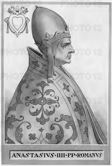 Anastasius IV (born around 1073 in Rome, died 3 December 1154 in Rome), originally Conrad of Suburra (also Corrado della Suburra), was elected pope on 8 July 1153 as successor to Eugene III and crowned on 12 July 1153, Historical, authentic, digitally restored reproduction from a 19th century original, Record date not stated