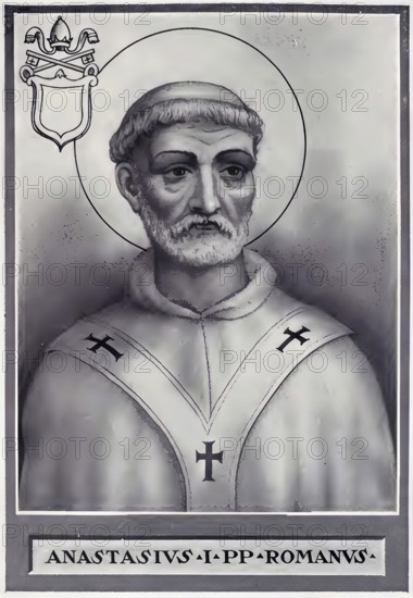 Anastasius I (Greek: the Risen One, born in Rome, died 19 December 401) was Bishop of Rome at the turn of the 5th century and thus Pope of the Latin Church, Historical, authentic, digitally restored reproduction from a 19th century original, Record date not stated