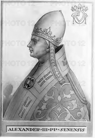 Pope Alexander III (born around 1100 or 1105 in Siena, probably as Rolando Bandinelli, died 30 August 1181 in Civita Castellana near Viterbo) reigned as head of the Roman Church from 7 September 1159 until his death, Historical, authentic, digitally restored reproduction from a 19th century original, Record date not stated