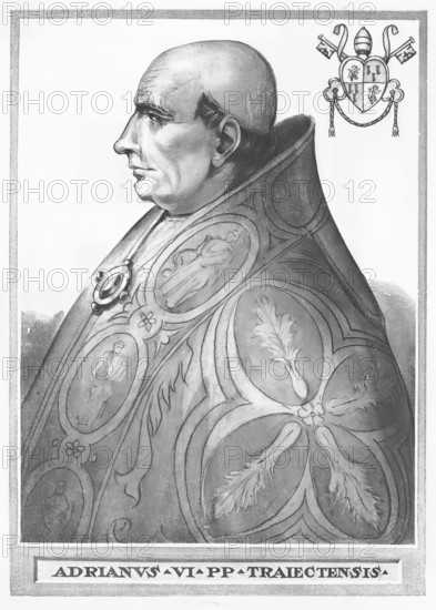 Hadrian VI, whose civil name was Adriaan Floriszoon Boeyens or Adriaan Florisz d'Edel, then spelled Adriaen Floriszoon Boeiens, also known in German as Adrian von Utrecht (born 2 March 1459 in Utrecht, died 14 September 1523 in Rome), was Pope of the Roman Catholic Church from 9 January 1522 until his death, Historical, authentic, digitally restored reproduction from a 19th century original, Record date not stated