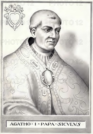 Agatho, also Agathon, died January 10, 681 in Rome, was Pope from 678 to 681, historical, authentic, digitally restored reproduction from a model from the 19th century, record date not stated