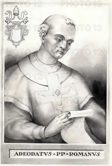 Pope Adeodatus II, also Deodatus II, died 676, was bishop of Rome from 672 to 676, a Benedictine monk who focused on improving monastic discipline and restoring churches without interfering heavily in political disputes but rejected monotheletism, historical, authentic, digitally restored reproduction of a 19th-century original, record date not stated