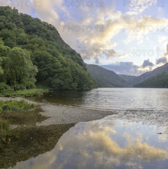 Upper Lake at sunset, Wicklow Mountains National Park, Glendalough, Brockagh, County Wicklow, Ireland