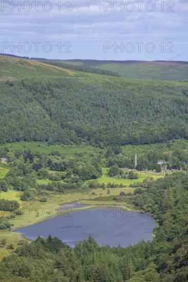 View of Lower Lake and Round Tower, Wicklow Mountains National Park, Glendalough, Brockagh, County Wicklow, Ireland