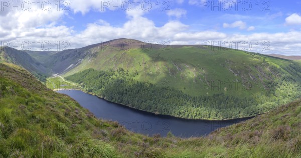 View of Upper Lake and Miners Village, Wicklow Mountains National Park, Glendalough, Brockagh, County Wicklow, Ireland