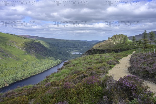 Upper Lake and hiking trail, Wicklow Mountains National Park, Glendalough, Brockagh, County Wicklow, Ireland