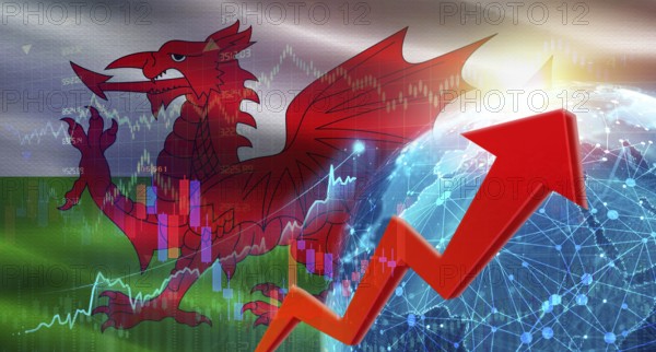Global financial growth with Welsh flag. Financial growth with Wales flag on economic background