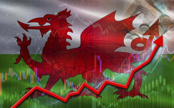 Wales economic growth on financial graph. Welsh financial growth on market graph