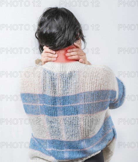 Close up female with neck pain. Woman in pain holding her neck isolated. Suffering woman with stress and neck pain