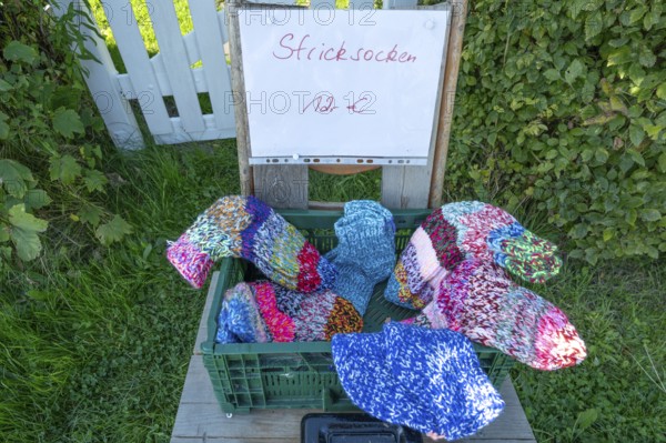 Sales stand with knitted socks on a path on the Bodden, Ahrenshoop, DarÃŸ, Mecklenburg-Western Pomerania, Germany