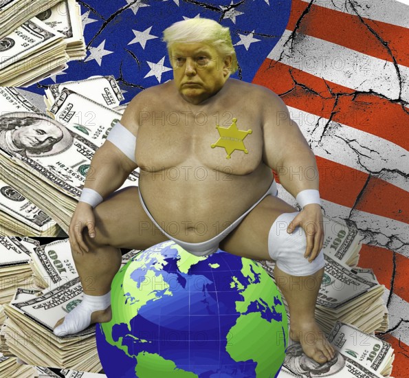 Symbolic image, sumo wrestler Donald sits in the world, USA for Trump self-service shop, Trump Bitcoin, questionable speculation gains for himself and Trump family, dollar blessing to the detriment of the USA, morale as president, stock market prices, uncertain digital currency, resources, industry, critical economy, stock market hype, stock market crash, payment, insolvency, wrong decisions, maximum profit, profit slump, share prices, location Germany, global economy, globalization, environmental protection, mafia, Trump administration, bitcoin rally, cryptocurrency, electronic Wallet wallet, crypto reserve, price development, stock exchange trading