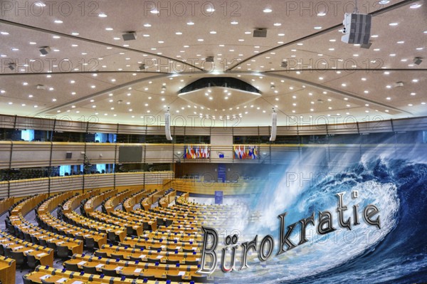 Symbolic photo, bureaucracy as a tsunami threatening the EU and Germany, EU Parliament Brussels, flood of paragraphs, European Union, jumble of laws, jumbled paths, outdated processes, dusty authorities, business government market, old-style offices, antiquated filing, analog expression, future fields of data processing, digitally removed, politics must deliver permanently new laws without meaning
