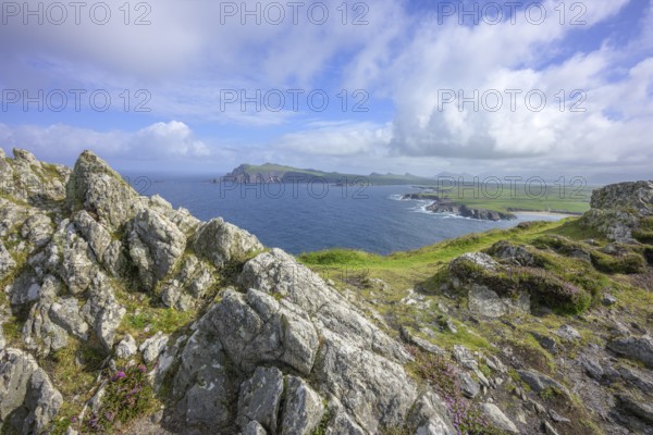 Coast with cliffs in the background An TriÃºr DeirfÃ©ar (The Three Sisters) from Clogher Head, Clogher, Kerry, Ireland