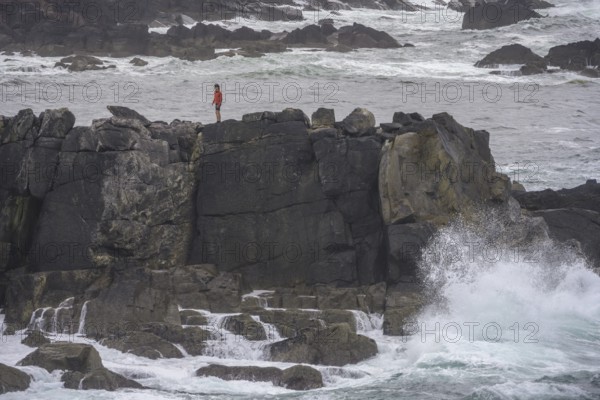 Waves blaze against cliff coast, Blasket Center Viewing Platform, Dunurlin, Kerry, Ireland