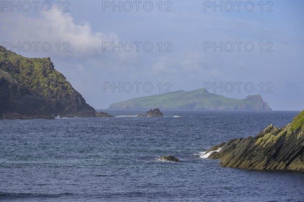 View from Clogher beach to Inishtooskert Island (sleeping Giant), Ballyferriter, Kerry, Ireland
