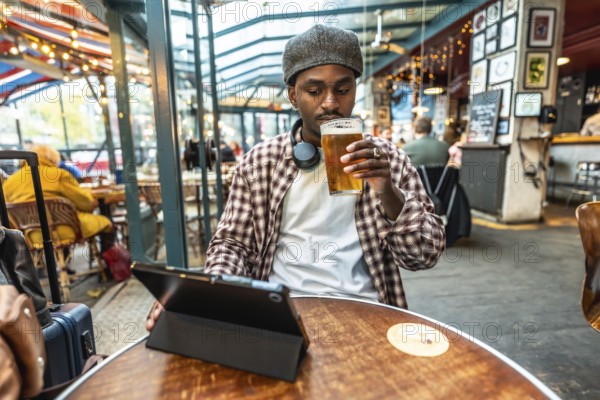 Young man in a plaid shirt and hat relaxing at a pub table, drinking a beer while browsing on a digital tablet with headphones around his neck, luggage beside him