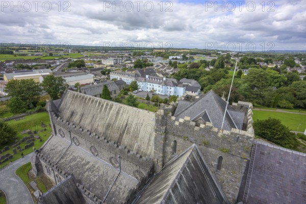 View of the cathedral roof and town from the round tower, St. Canice's Cathedral, Kilkenny, County Kilkenny, Ireland