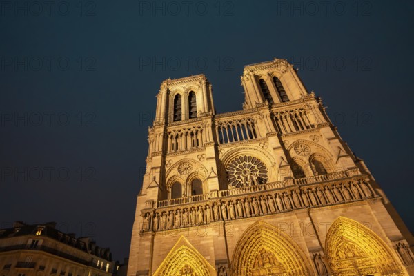 Notre dame de paris cathedral showcasing its historic gothic architecture and intricate details, bathed in warm golden light against a deep blue evening sky, a symbol of french culture and travel