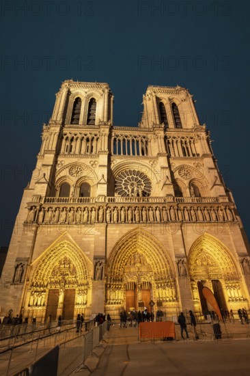Notre dame de paris, a historic gothic cathedral, standing illuminated at night, showing its iconic architecture and intricate details under a dark sky in france