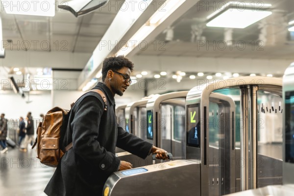 Young man with glasses and backpack tapping a contactless ticket at a modern subway turnstile, entering a bright underground station during his daily city commute
