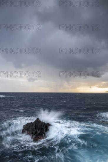 Sunrise, waves and rocks, coast near Porto Moniz, Madeira, Portugal