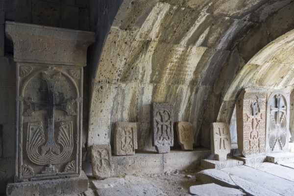 Stone room with decorated ancient grave slabs and cross reliefs under a vaulted roof, Haghpat monastery, Haghpatavank, town of Haghpat, UNESCO World Heritage Site, Lorikeet province, Armenia
