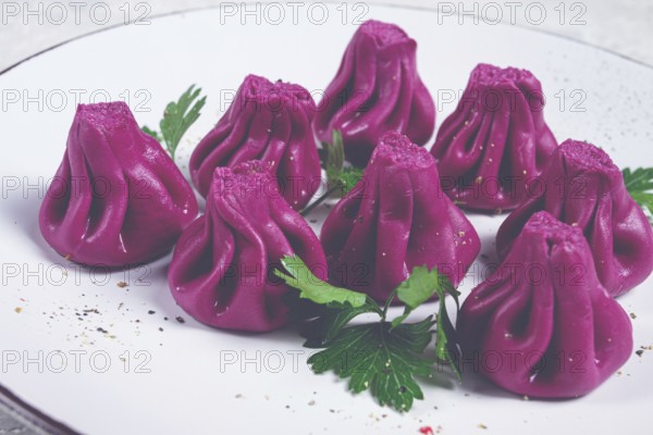 Beetroot khinkali, mini khinkali, purple, Georgian cuisine, no people