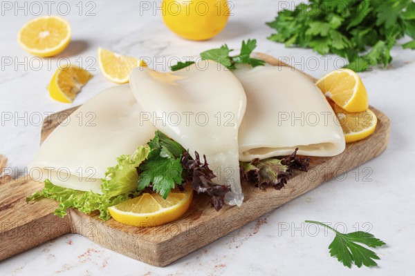 Fresh squid prepared for cooking, surrounded by herbs and lemon, placed on a wooden chopping board in a bright kitchen setting