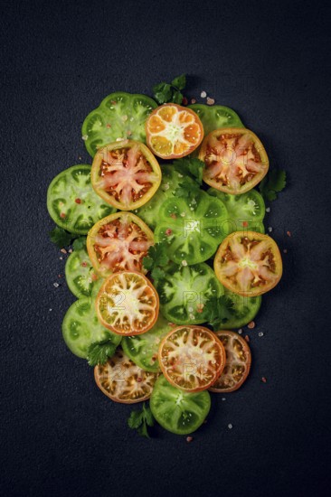 Sliced green tomatoes, on a dark surface, garnished with herbs and salt, top view